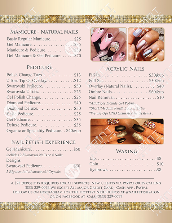 2 Pages Menus Page 1 Nails Salon Printing for Nails Salon
